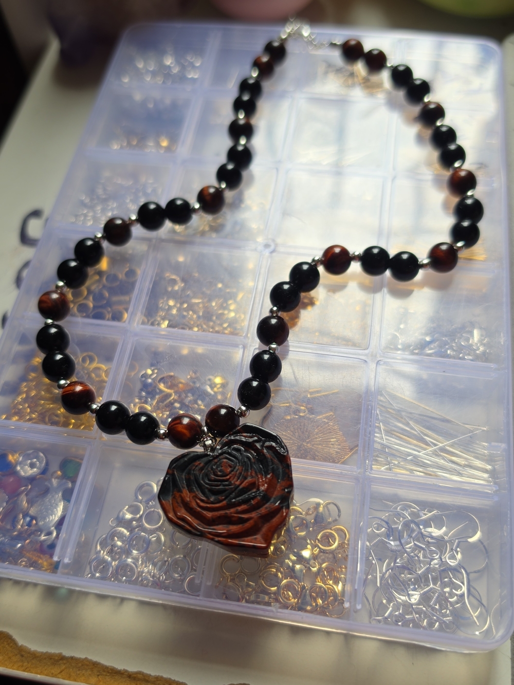Handmade Red Obsidian Stone Beaded Necklace with Rose Heart Pendant